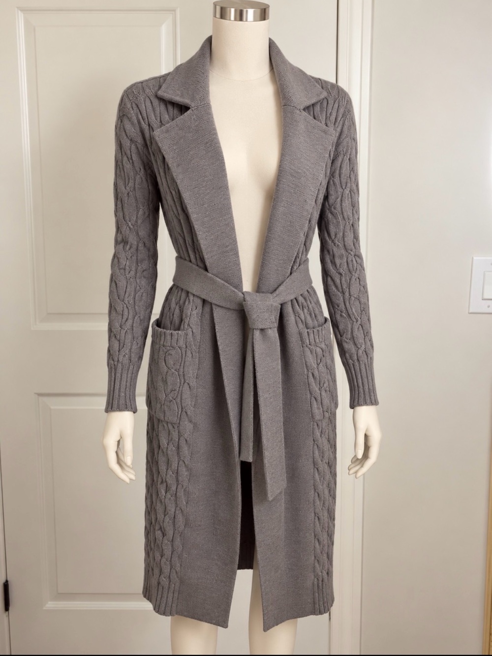 Cyrus Gray Cable-Knit Belted Cardigan